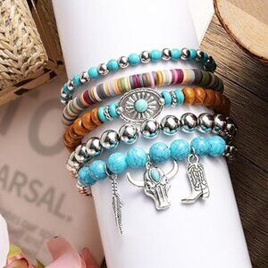 5 Western Bracelet Set Cowgirl Boho Beaded Turquoise Bracelet Stack Summer Beach